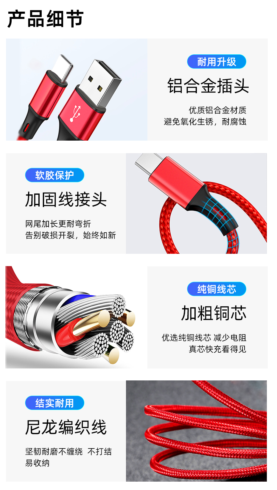 尼龍編織一拖三數據線細節